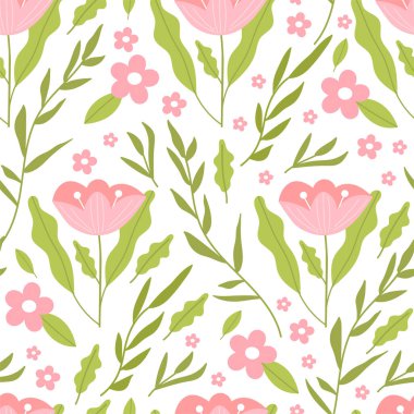 Basit çiçek ve yapraklarla süslenmiş, kusursuz bir desen. Kumaş, ambalaj kağıdı, ambalaj, duvar kağıdı vs. için vektör tasarımı. 