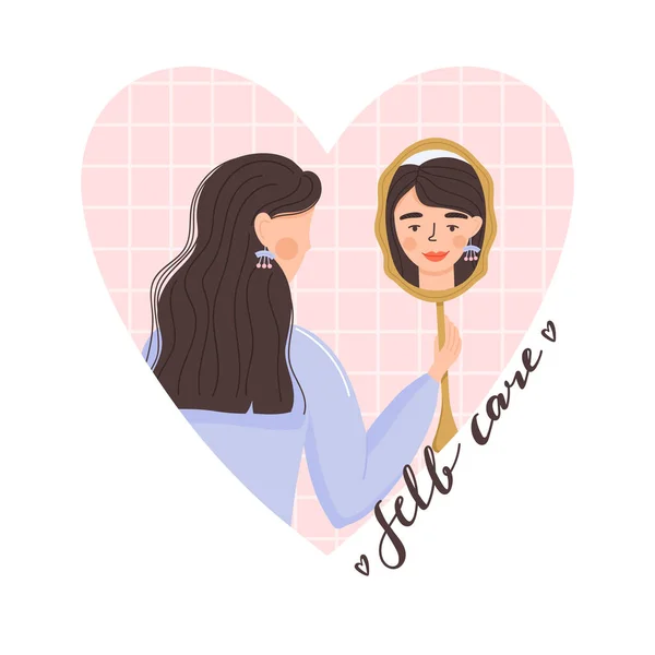 Woman Looking Herself Mirror Heart Shaped Composition Self Care Self — Stock Vector