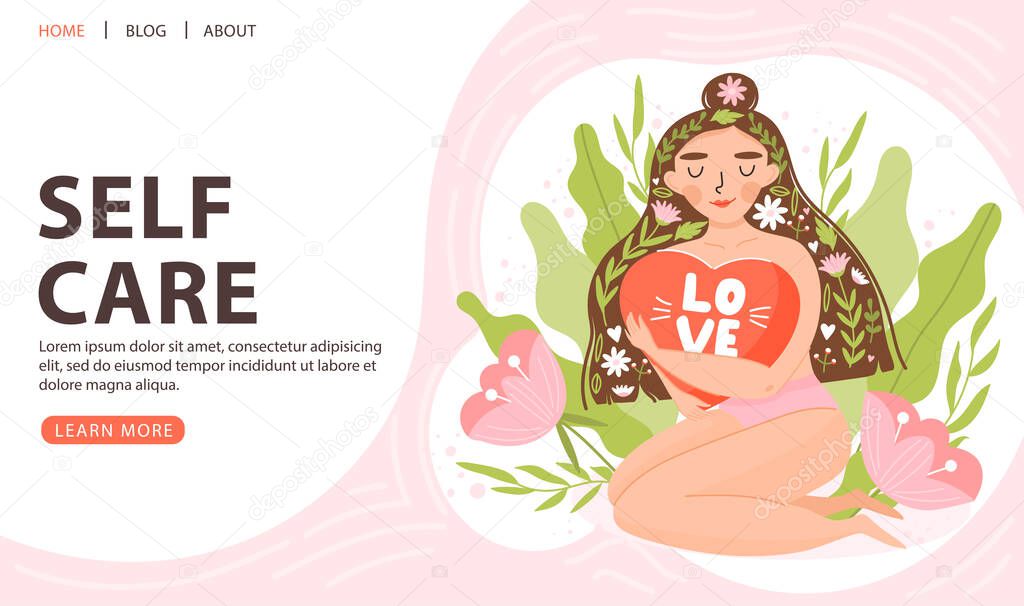 Self care, positive mindset or mental health concept. Cute girl sitting and hugging big heart. Positive woman with floral elements. Landing page template. Vector.