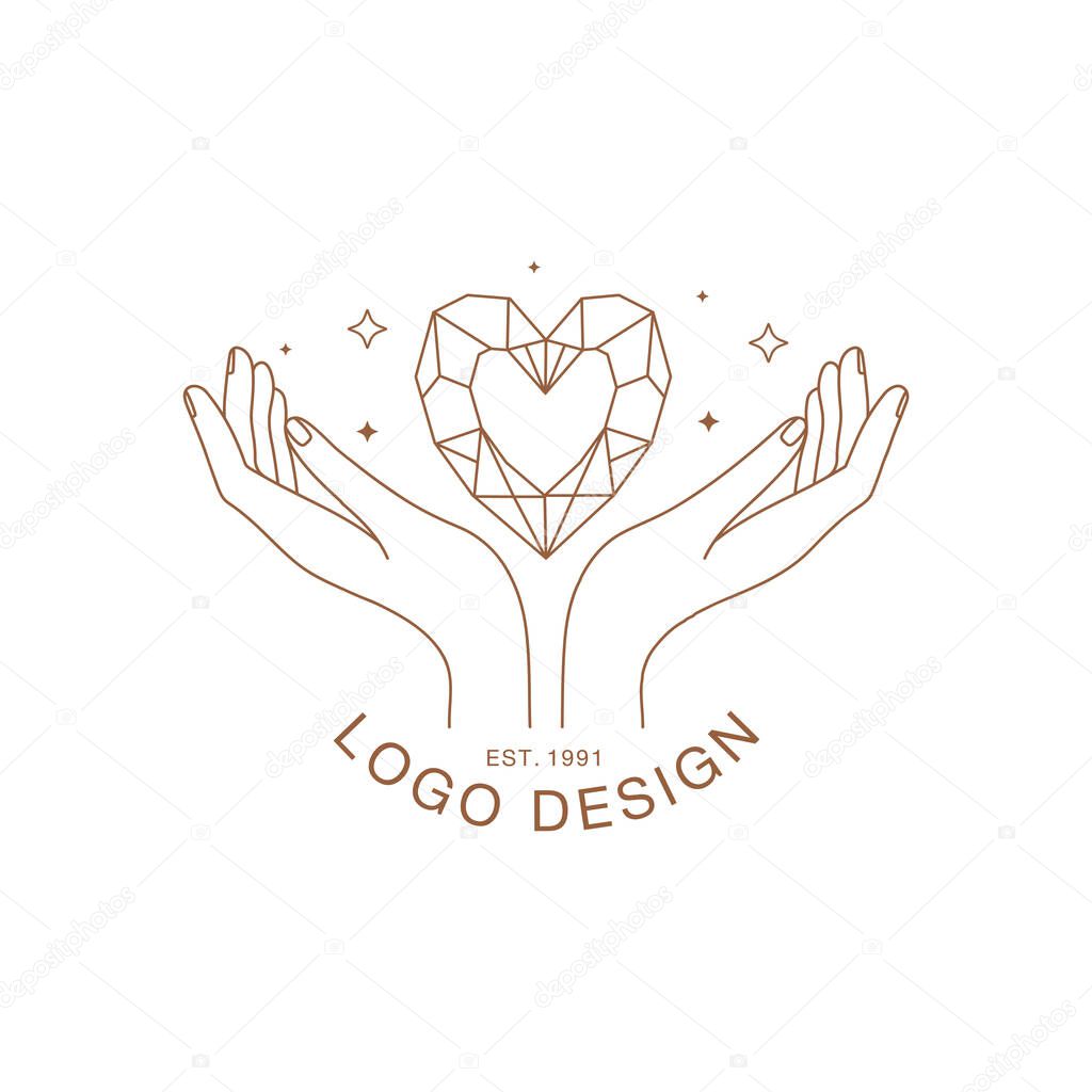 Minimal hand logo or delicate emblem in trendy linear style. Women's hands with crystal and stars. Vector linear boho icon for handmade products, jewelry, cosmetics, wedding concept illustrations etc. Branding.