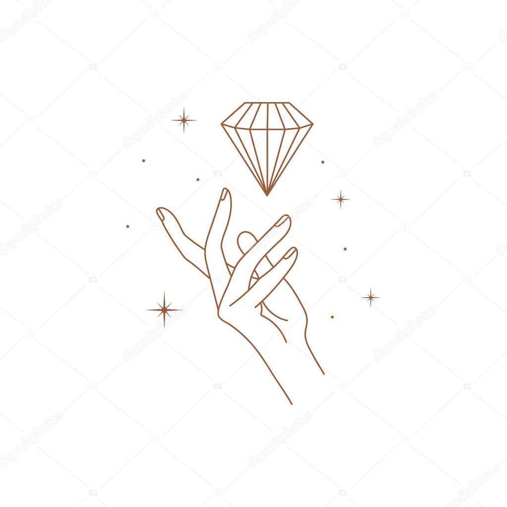 Minimal hand logo or delicate emblem in trendy linear style. Women's hands with crystal and stars. Vector linear boho icon for handmade products, jewelry, cosmetics, wedding concept illustrations etc. Branding.