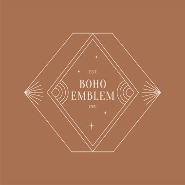Minimum boho logosu son moda doğrusal tarzda. Güneş ve yıldızlar. El yapımı ürünler, kozmetik ürünler, seyahat konsepti çizimleri vs. için vektör bohem simgesi. Damgalama.