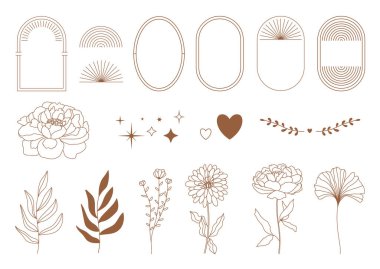 Minimum boho lineer sembolleri seti. Göksel bir kavram. Çerçeve, kemer, eller, çiçekler, güneş, yıldızlar ve ay elementleri. Logo tasarımı, sosyal medya paylaşımları ve hikayeler için vektör bohem tasarım koleksiyonu. Damgalama. 