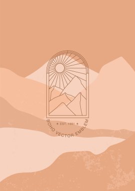 Yüzyılın ortalarında soyut arka planda doğrusal tarzda en az boho peyzaj logosu. Ay ve güneş kavramının. Dağlar, doğa, güneş ve güneş ışığı. Vektör simgesi. Damgalama. 