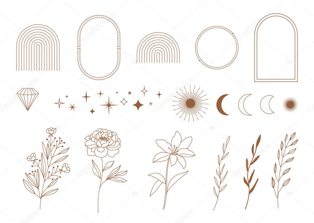 Set of minimal boho linear symbols. Celestial concept. Frame, arch, hands, florals, sun, stars and moon elements. Vector bohemian design collection for logo design, social media posts, stories. Branding. 