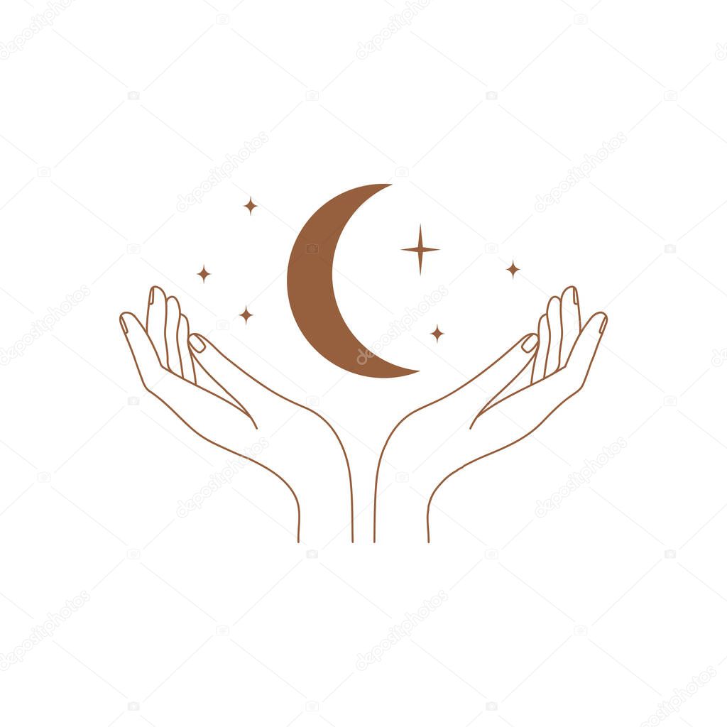 Minimal female hand logo in linear style. Women's hand with moon and stars. Vector linear boho icon for handmade products, jewelry, cosmetics, wedding concept illustrations etc. Branding.