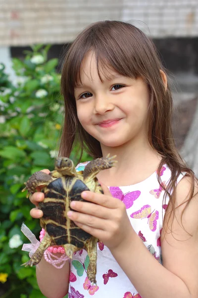 Menina sorridente segurando uma tartaruga russa. Conceito de natureza amorosa — Fotografia de Stock