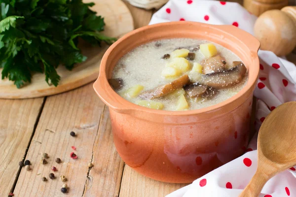 Traditional Russian potato soup with mushrooms and sour cream — Stock Photo, Image