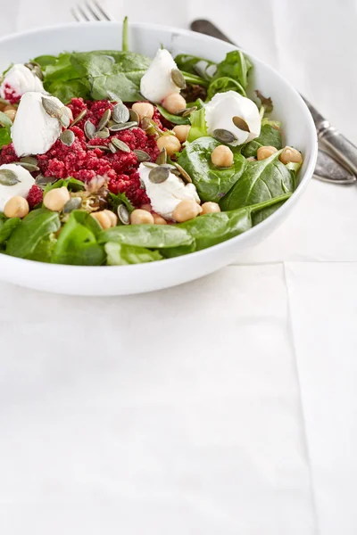 Ensalada con remolacha y queso servido en un tazón blanco — Foto de Stock