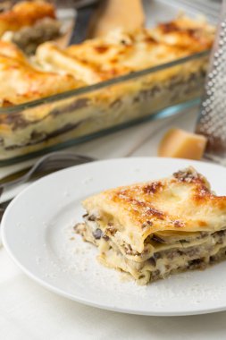 bir kısmını beyaz tabakta peynirli lasagne