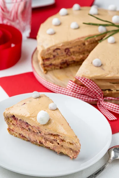 Delicioso bolo em camadas com guardanapos vermelhos — Fotografia de Stock