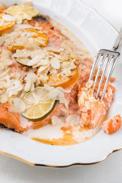 Prepared salmon fillet on white plate — Stock Photo, Image