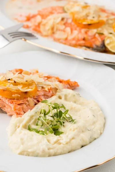 Closeup of mashed potatoes with green leafs and salmon — Stock Photo, Image