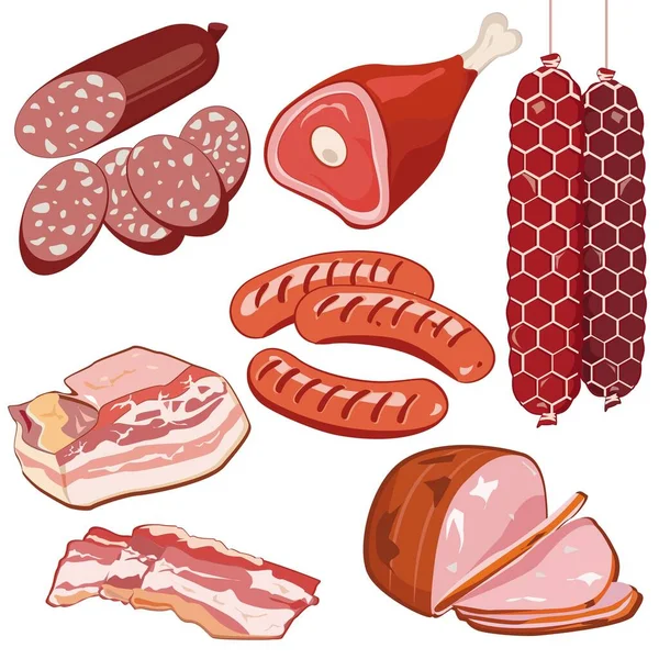 Kreskówki pyszne produkty mięsne. Zestaw ilustracji wektora. — Wektor stockowy