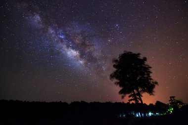 Silhouette ağaç ve Samanyolu Phu Hin Rong Kla Milli Parkı