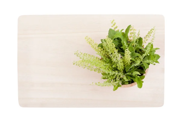 Top view part of holy basil pile on cutting board — Stock Photo, Image