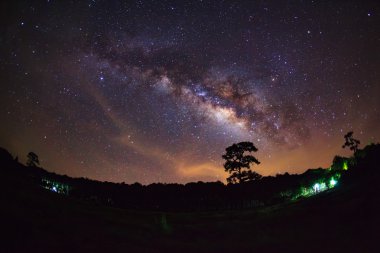 Bulut ve Samanyolu Phu Hin Rong Kla adlı ağacın siluet 