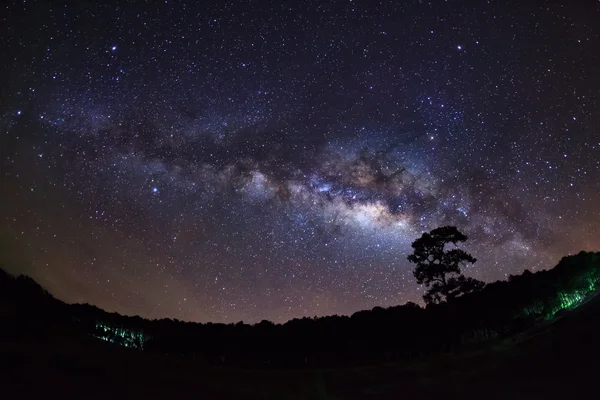 Tejút Galaxis és fa sziluettje, felhő. Hosszú expozíció — Stock Fotó