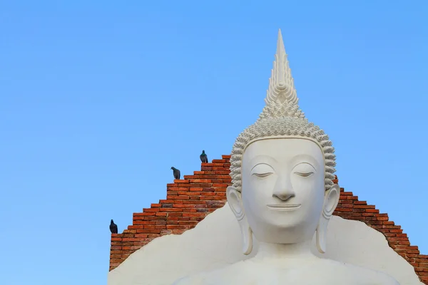 Белый образ Будды и птица с голубым небом — стоковое фото