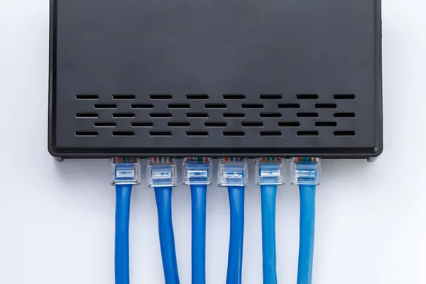 LAN netwerk schakelen met ethernet-kabels aangesloten op de netspanning — Stockfoto