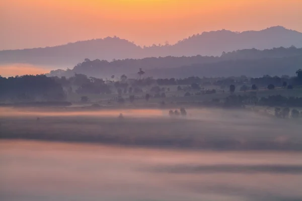 Nebliger Morgensonnenaufgang im Gebirge bei khao-kho phetchabun, thailan — Stockfoto