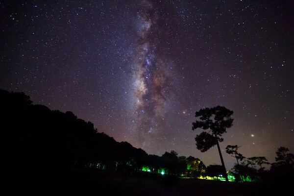 Силуэт дерева с облаком и Млечный Путь. Длительное фото
