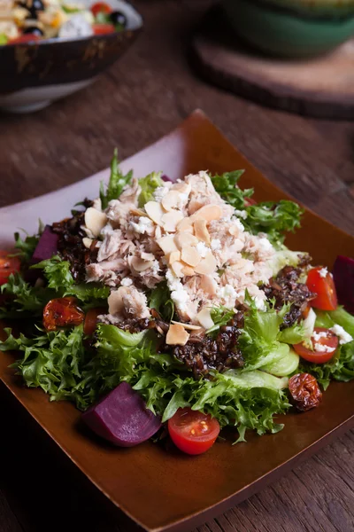 Mixed vegetable salad with tuna and tomatoes — Stock Photo, Image