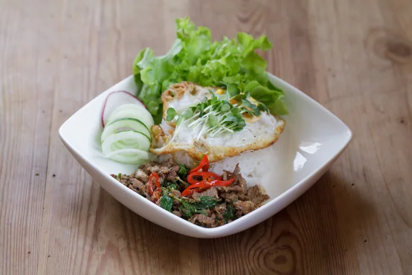 Thai spicy food basil pork fried rice recipe with egg — Stock Photo, Image