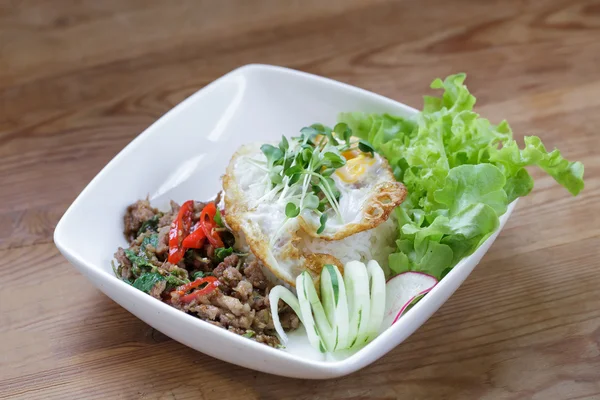 Thai spicy food basil pork fried rice recipe with egg — Stock Photo, Image