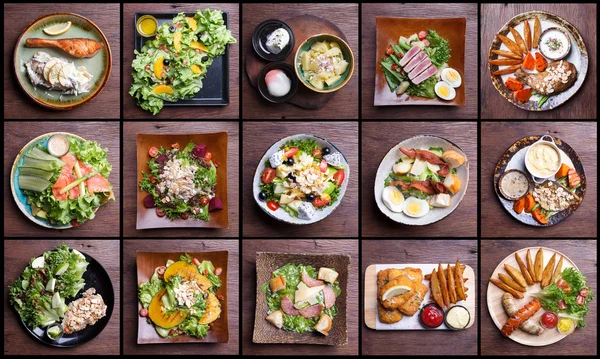 Dahil olmak üzere sağlıklı gıdalar salata seti. meyve salatası, jambon pastırma, somon, Sezar salatası, ton balıklı salata, Balık ve patates kızartması, tavuk budu, tütsülenmiş sosis