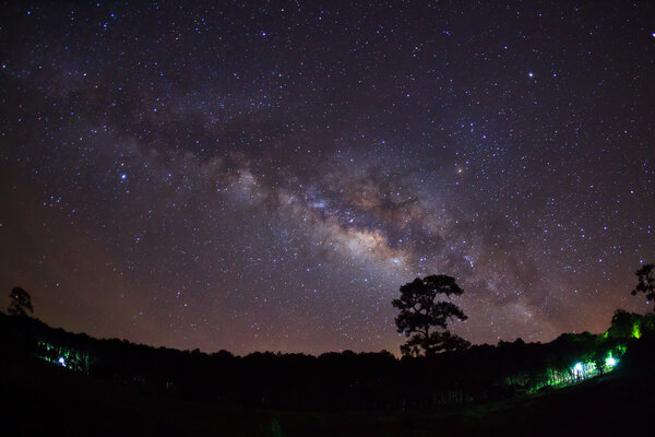 Силуэт дерева с облаком и Млечный Путь. Длительное фото
