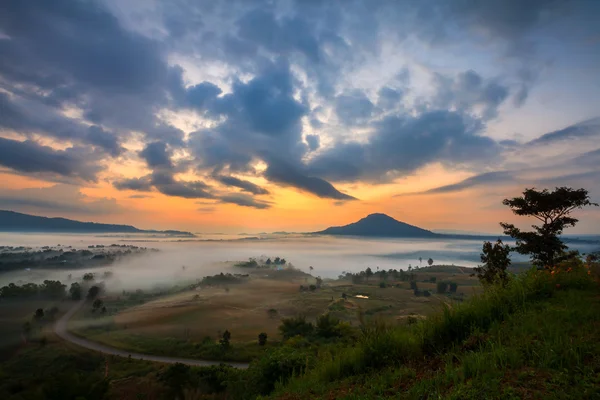 Mistige ochtend zonsopgang en weg in berg op Khao kho Phetchabu — Stockfoto