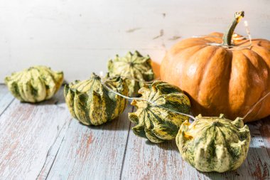 Şükran Günü arkaplanı, ahşap arka planda farklı balkabağı ve çelenk kompozisyonu.