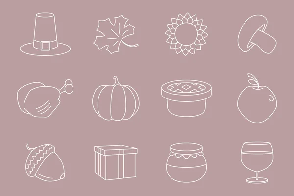 Thanksgiving Day Icons Set Vektor Umreißt Symbole Von Kürbis Truthahn — Stockvektor