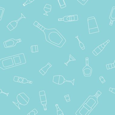 Alkol içeceği - Grafik tasarımı için cam, şişe, şarap, bira, şampanya, viski, votka, konyak ve diğerlerinin vektör arkaplanı (kusursuz desen)