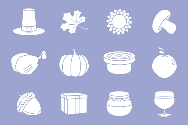 Thanksgiving Day Icons Set Vektorsilhouetten Von Kürbis Truthahn Apfel Kuchen — Stockvektor