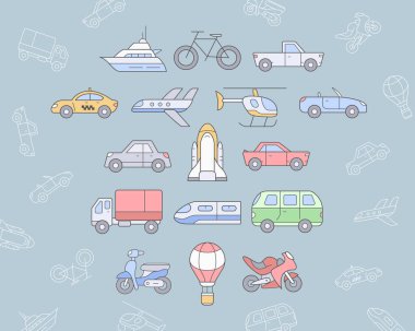 Ulaşım simgeleri ayarlandı - Vector renk sembolleri ve tren, araba, gemi, bisiklet, otobüs, uçak vb. site veya arayüz için