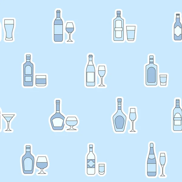 酒精饮料 玻璃瓶 葡萄酒 威士忌 伏特加 白兰地和其他图案的矢量色彩背景 无缝图案 — 图库矢量图片