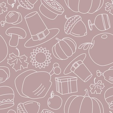 Şükran Günü - Grafik tasarımı için balkabağı, hindi, elma, pasta, şapka, şarap ve balın vektör arkaplanı (kusursuz desen)