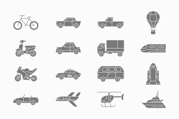 Transportation Icons set - Vector silhouettes of train, car, ship, bicycle, bus, airplane and etc. for the site or interface