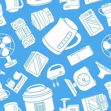 Ev makineleri - Görüntü tasarımı için siluet mikrodalga fırın, buzdolabı, vakum, blender, çaydanlık ve diğer cihazların vektör arkaplanı (kusursuz desen)