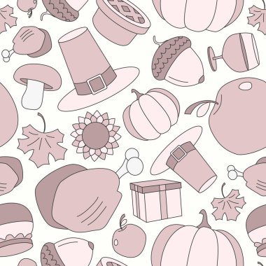 Şükran Günü - Grafik tasarımı için balkabağı, hindi, elma, turta, şapka, şarap ve balın vektör renk arkaplanı (kusursuz desen)