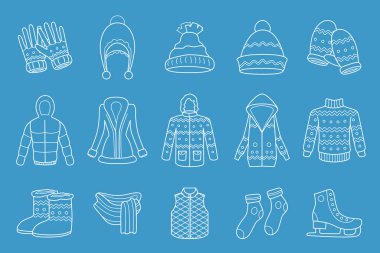 Kış giysi simgeleri seti - Eşarp, kep, ceket, kazak, ceket, eldiven ve site veya arayüz için diğer giysilerin vektör ana hatları