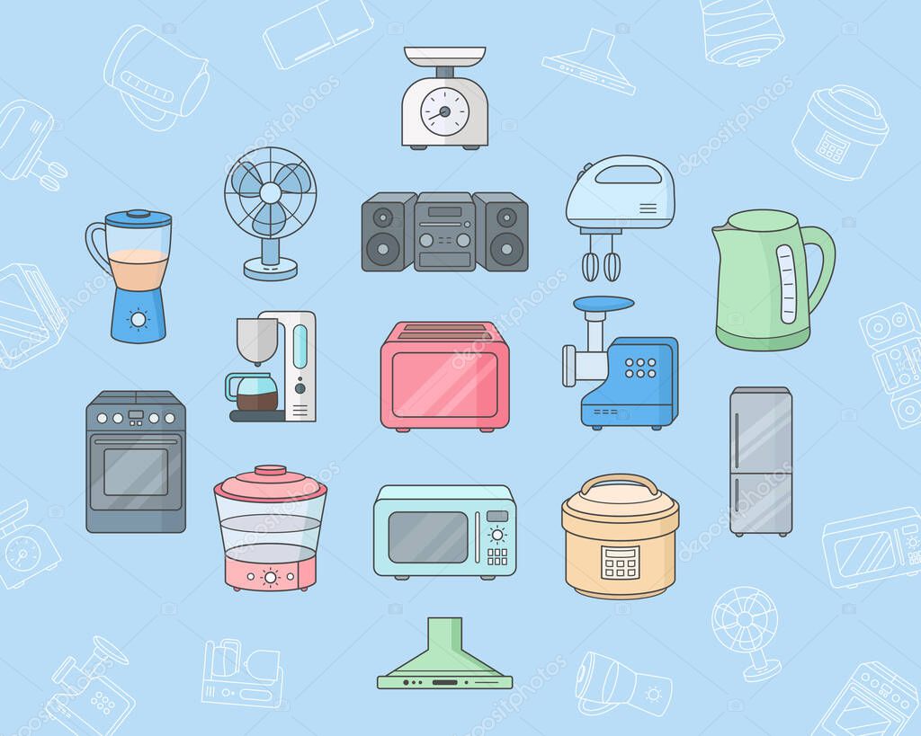 Home machines Icons set - Vector color symbols and outline of microwave, oven, refrigerator, vacuum, blender, kettle and other appliances for the site or interface