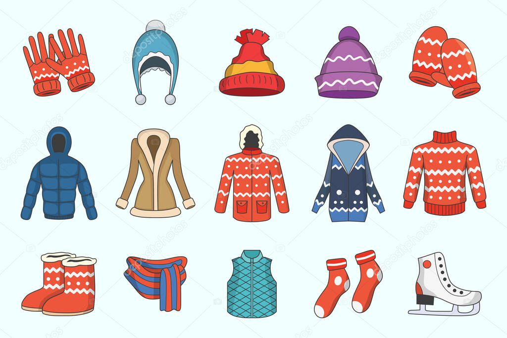 Winter clothing Icons set - Vector color symbols of scarf, cap, jacket, sweater, coat, mitten, and other clothes for the site or interface