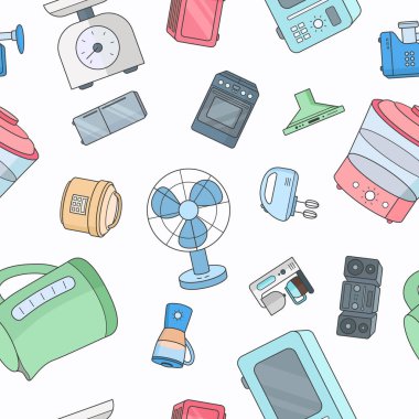 Ev makineleri - Grafik tasarımı için mikrodalga fırın, buzdolabı, vakum, blender, çaydanlık ve diğer cihazların vektör renk arkaplanı (kusursuz desen)