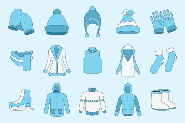 Ensemble Icônes Vêtements Hiver Symboles Vectoriels Couleur Écharpe Casquette Veste — Image vectorielle