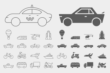 Ulaşım simgeleri ayarlandı - Tren, araba, gemi, bisiklet, otobüs, uçak vb. vektör ana hatları ve siluetleri. site veya arayüz için