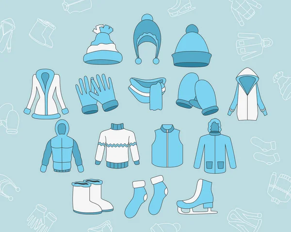 Χειμερινά Ρούχα Εικόνες Σετ Διάνυσμα Σύμβολα Χρώμα Και Περίγραμμα Του — Διανυσματικό Αρχείο