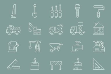 Yapı simgeleri ayarlandı - Yapı, vinç, kamyon, buldozer, testere, anahtar, kürek ve site veya arayüz için diğer araçların vektör ana hatları